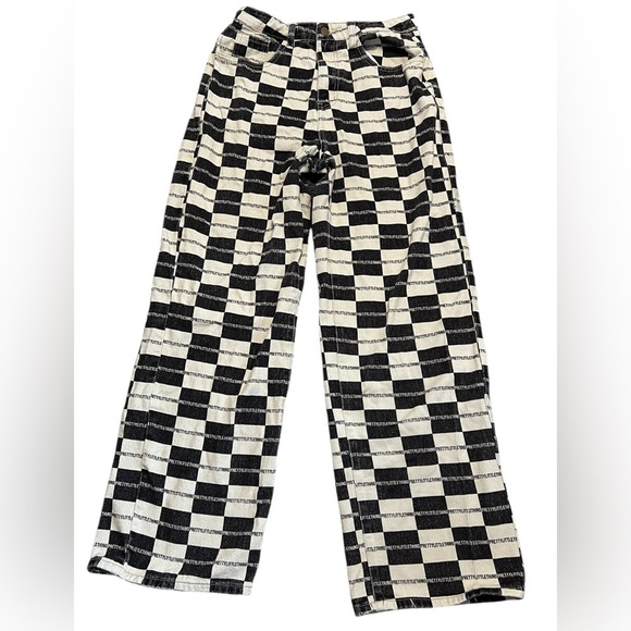Pretty Little Thing Brown Checkerboard Branded Wide Leg Jeans - Picture 2 of 11